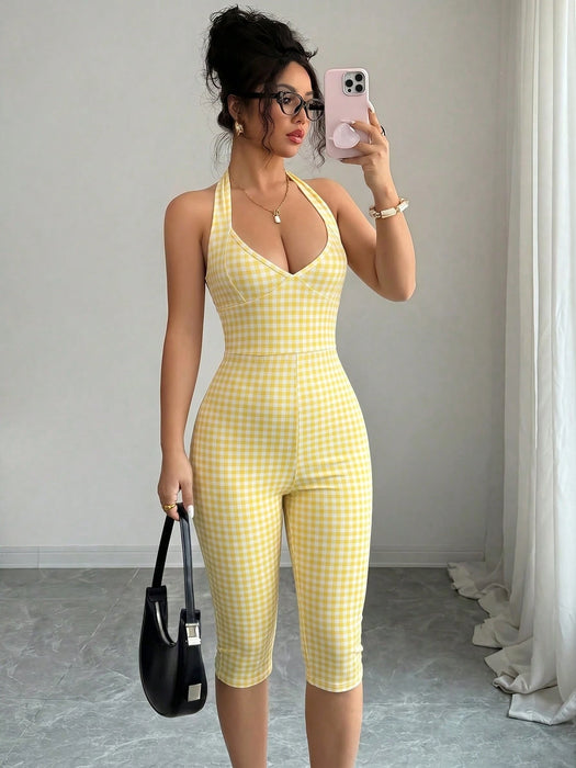 Shein Mono de mujer Elenzga con estampado de lunares, cuello halter y lazo, corte ajustado