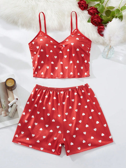 Shein Conjunto de pijama de corazones para mujer de 2 piezas, color rojo