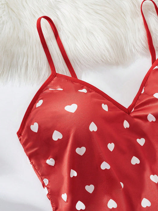 Shein Conjunto de pijama de corazones para mujer de 2 piezas, color rojo