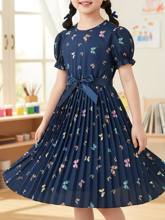 Vestido de Verano para Niñas con Mangas Bufantes, Estampado de Mariposas y Cinturón Plisado