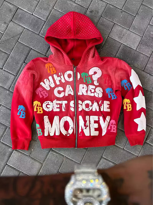 Sudadera con Capucha con Estampado de Letras TB "Who Cares Get Some Money" y Estrellas para hombre