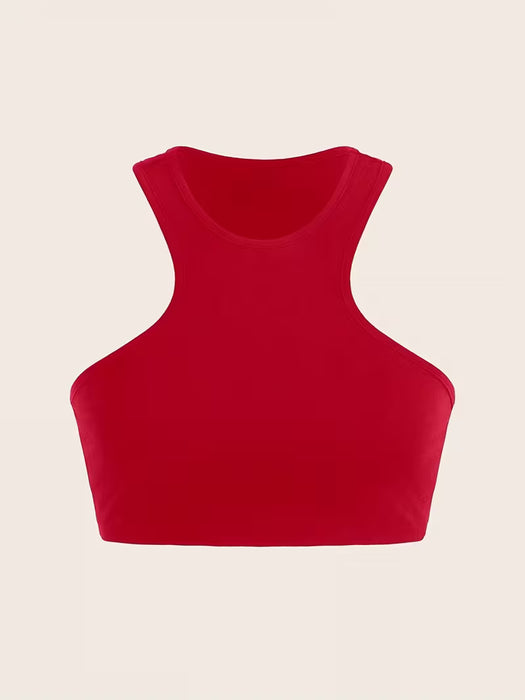 Camiseta de verano sin espalda para mujer, de cuello redondo, color liso, versátil