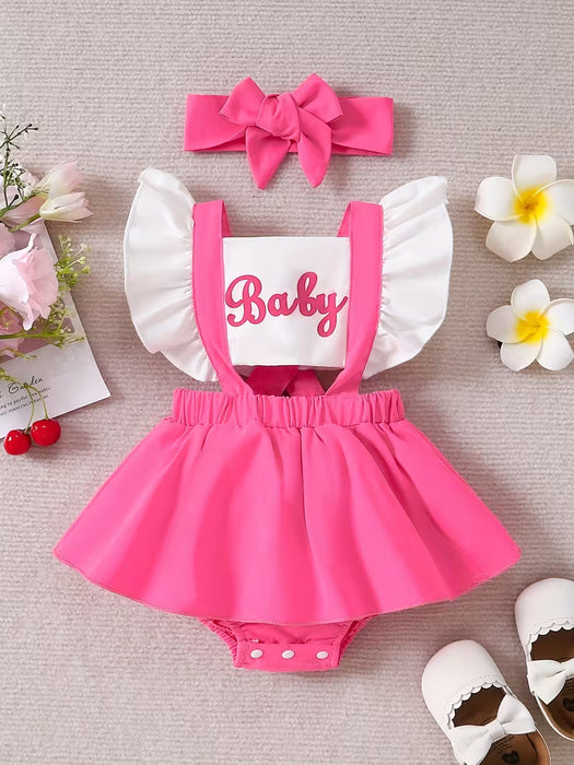 Vestido Con Volantes Y Manga Volante Con Estampado De Letras, Lindo Para Bebés