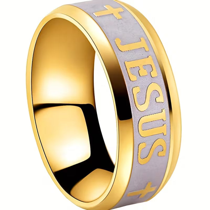1 Anillo para Hombre con Cruz de Jesús Grabada, Banda Nupcial Religiosa Retro