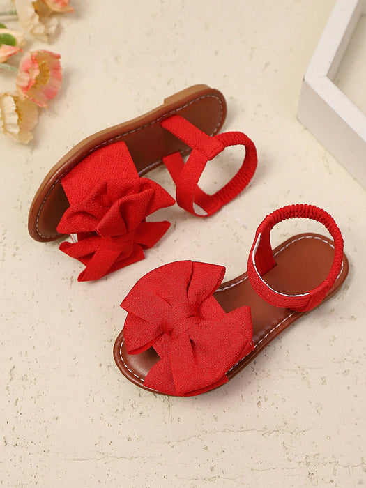 SHEIN 1 par de sandalias planas roja para niñas con malla tejida, detalle de lazo
