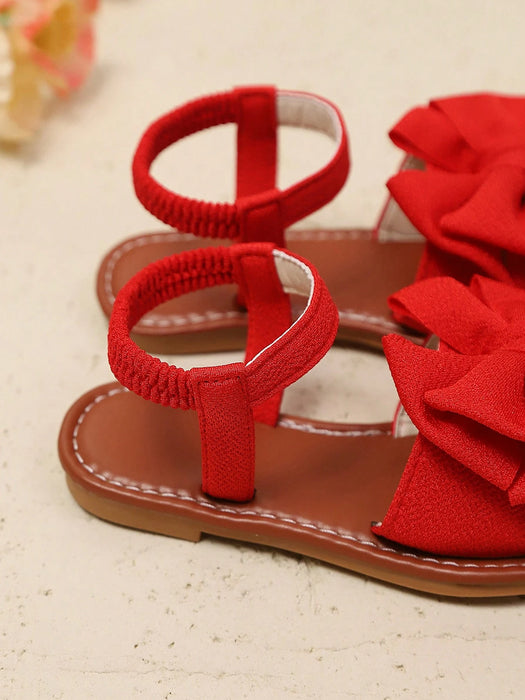 SHEIN 1 par de sandalias planas roja para niñas con malla tejida, detalle de lazo
