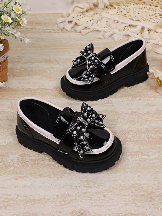Shein 1 par de zapatos de niña nuevos, modernos, con lazo, de PU y perlas