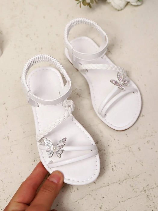 Sandalias planas blancas para niñas con decoración de perlas brillantes y mariposas