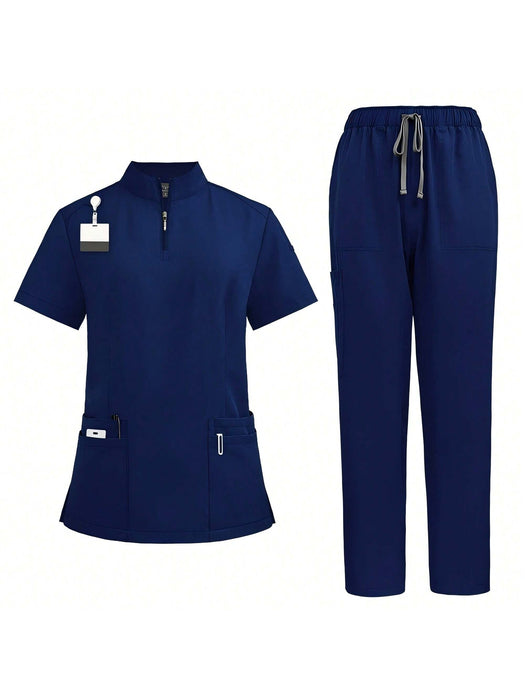 SHEIN 1 Set Uniforme de mujer de manga corta con cremallera y cuello de tortuga