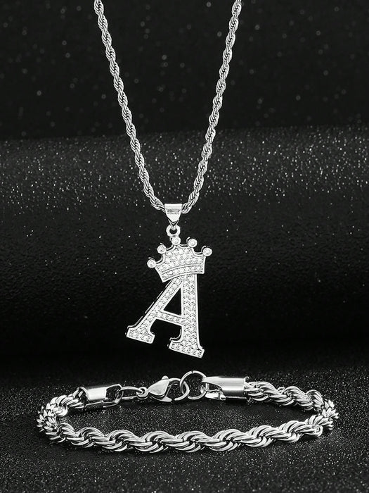 1 Set de Collar con Decoración de Corona y Letra y Pulsera de Cadena Retorcida