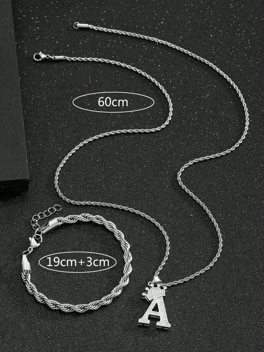 1 Set de Collar con Decoración de Corona y Letra y Pulsera de Cadena Retorcida