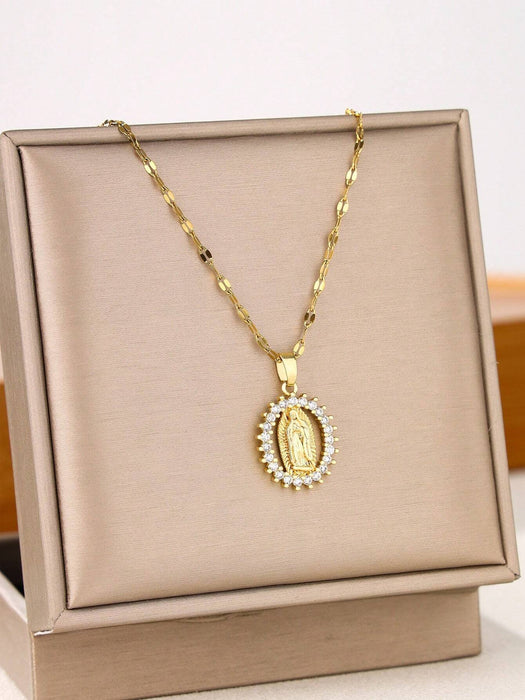 SHEIN 1 pieza Collar con colgante de Virgen María ovalado con microincrustraciones