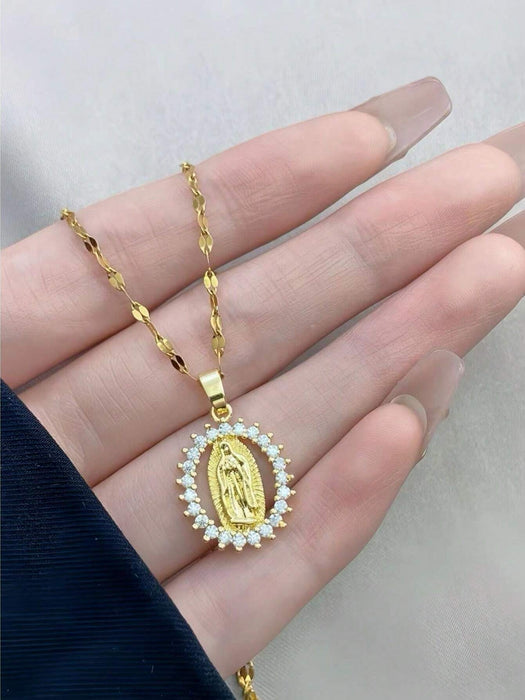 SHEIN 1 pieza Collar con colgante de Virgen María ovalado con microincrustraciones