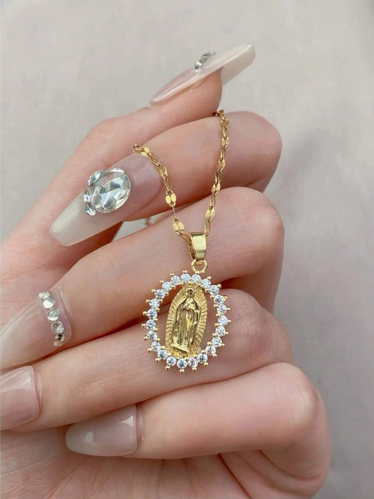 SHEIN 1 pieza Collar con colgante de Virgen María ovalado con microincrustraciones