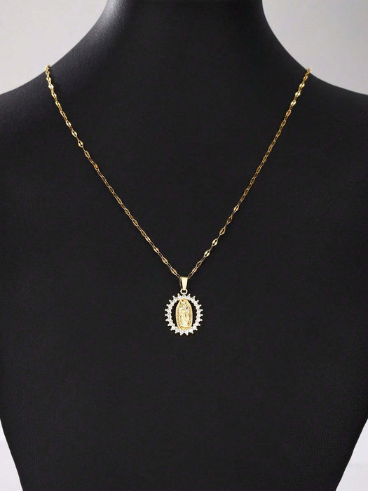 SHEIN 1 pieza Collar con colgante de Virgen María ovalado con microincrustraciones