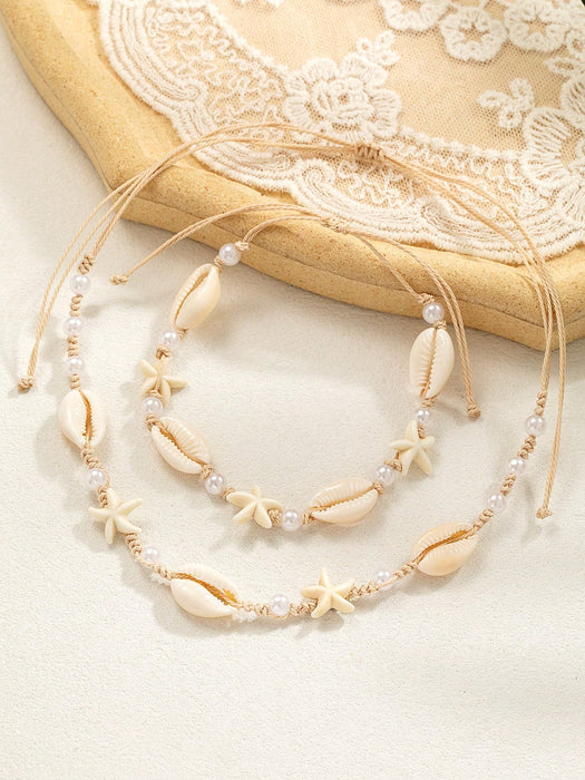 Conjunto de tobillera y collar trenzado de estilo bohemio con estrella de mar para mujer