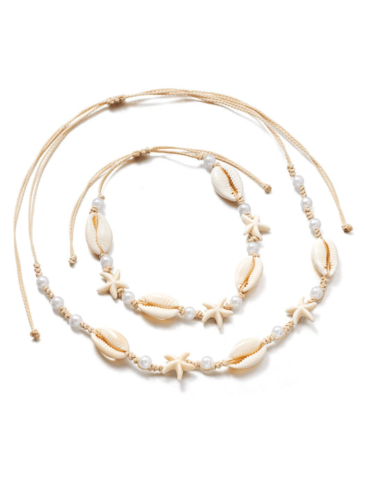 Conjunto de tobillera y collar trenzado de estilo bohemio con estrella de mar para mujer