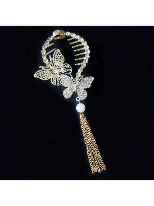 1 Pinza para el cabello con accesorios de borla de mariposa de cristal de aleación de zinc