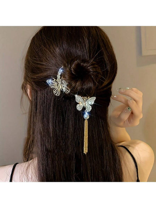 1 Pinza para el cabello con accesorios de borla de mariposa de cristal de aleación de zinc