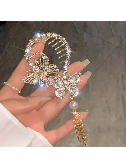 1 Pinza para el cabello con accesorios de borla de mariposa de cristal de aleación de zinc