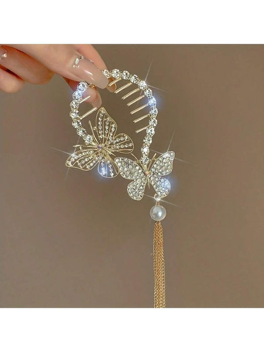 1 Pinza para el cabello con accesorios de borla de mariposa de cristal de aleación de zinc