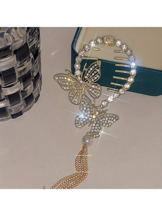 1 Pinza para el cabello con accesorios de borla de mariposa de cristal de aleación de zinc