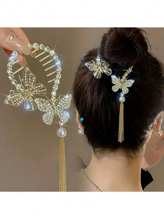 1 Pinza para el cabello con accesorios de borla de mariposa de cristal de aleación de zinc