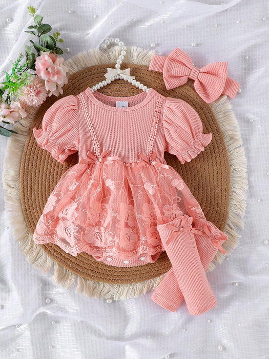 SHEIN 1 pieza Vestido de bebé niña lindo de manga corta con encaje