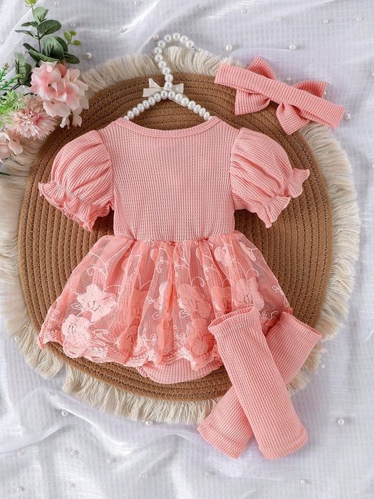 SHEIN 1 pieza Vestido de bebé niña lindo de manga corta con encaje