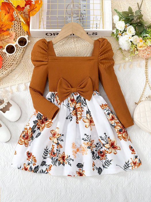 Vestido manga larga con tirantes para niñas, acanalado con estampado floral y lazo