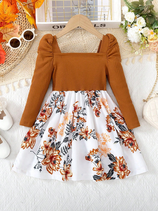 Vestido manga larga con tirantes para niñas, acanalado con estampado floral y lazo