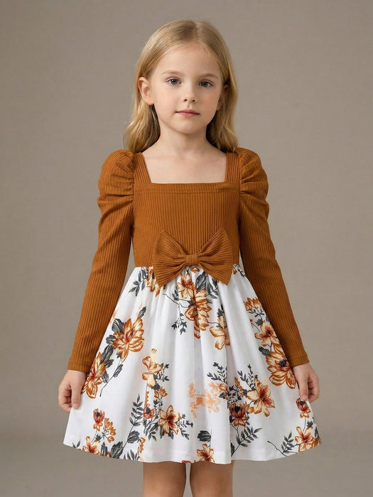 Vestido manga larga con tirantes para niñas, acanalado con estampado floral y lazo