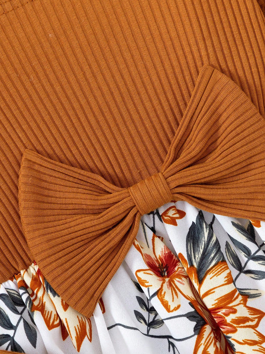 Vestido manga larga con tirantes para niñas, acanalado con estampado floral y lazo