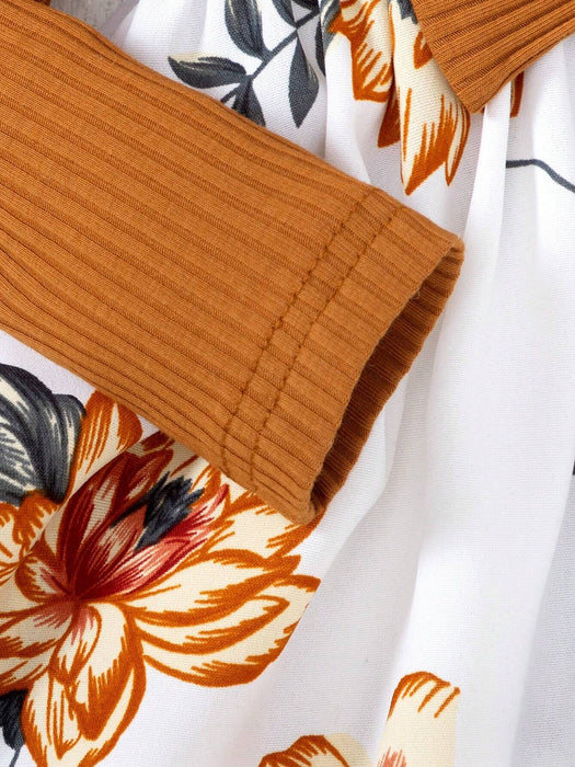 Vestido manga larga con tirantes para niñas, acanalado con estampado floral y lazo