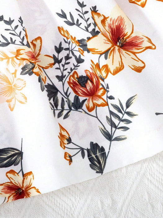 Vestido manga larga con tirantes para niñas, acanalado con estampado floral y lazo