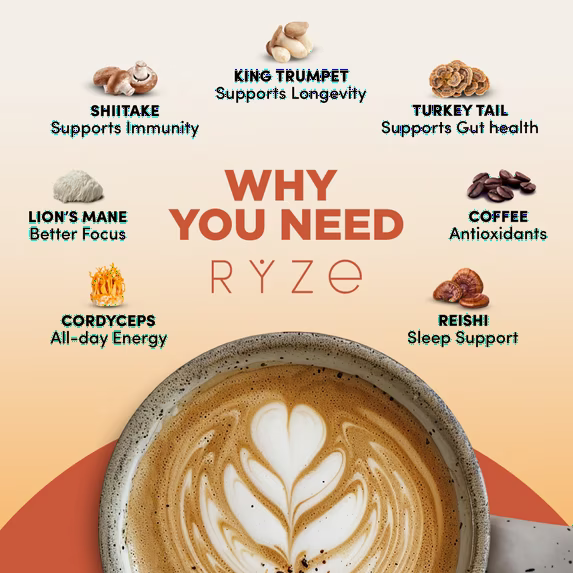 RYZE SUPERFOODS Café con sabor a champiñones, tostado medio, orgánico certificado por el USDA, con 6 hongos adaptógenos
