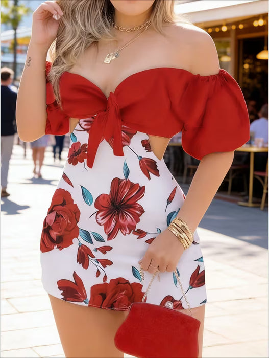 Elegante Vestido Mini con Estampado Floral, Manga Abullonada y Cintura Abierta para mujer