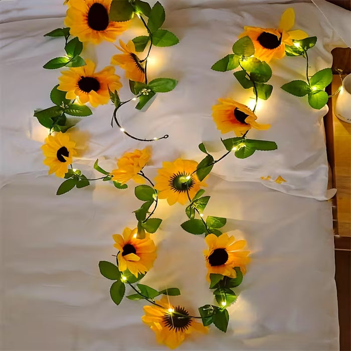 1 Guirnalda de Girasol Artificial Bohemio |20 Luces LED con Hojas Verdes 2m