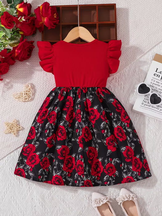 Vestido de Niña Mangas Volantes Juguetonas, con Estampado Audaz de Rosas Rojas