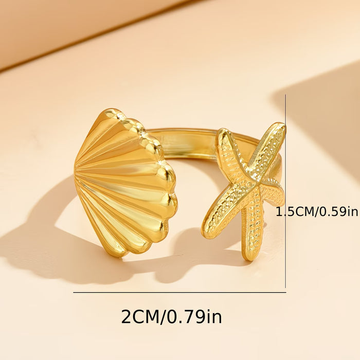 Anillo Dorado Ajustable de Concha y Estrella de Mar para Mujer