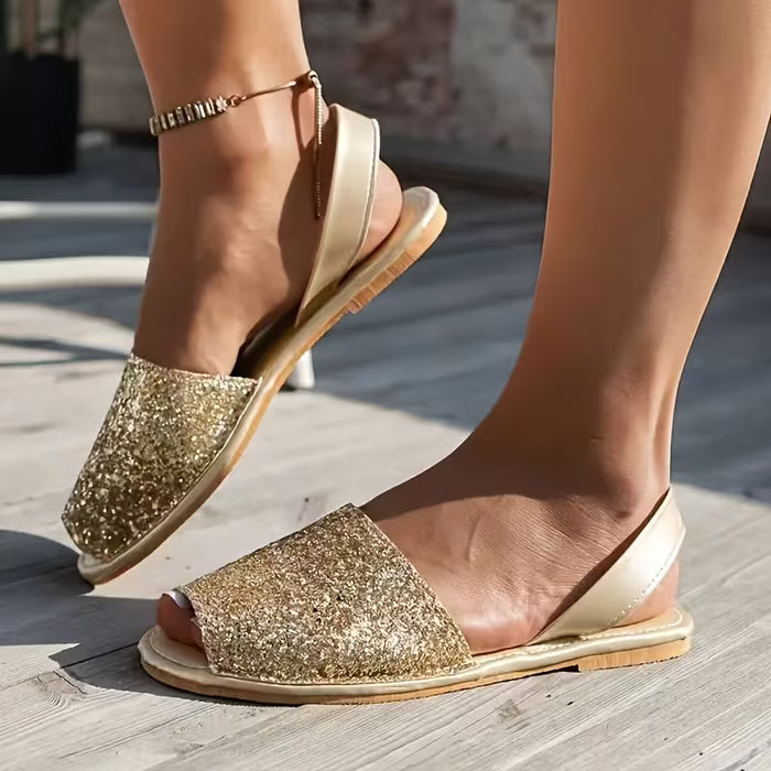 SHEIN Sandalias Elegantes para Mujer [Elegancia Casual] - Deslizantes Doradas con Purpurina