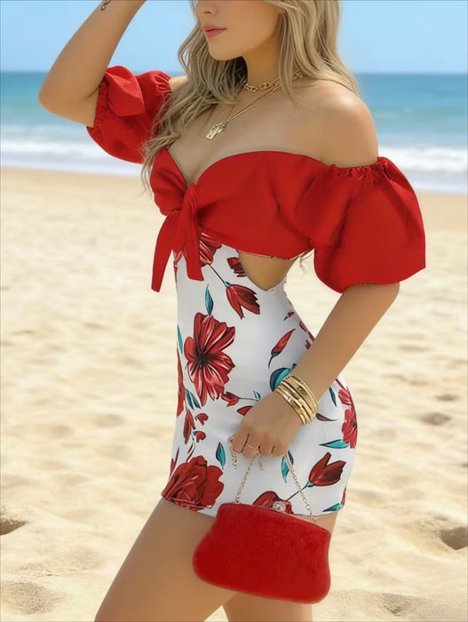 Elegante Vestido Mini con Estampado Floral, Manga Abullonada y Cintura Abierta para mujer