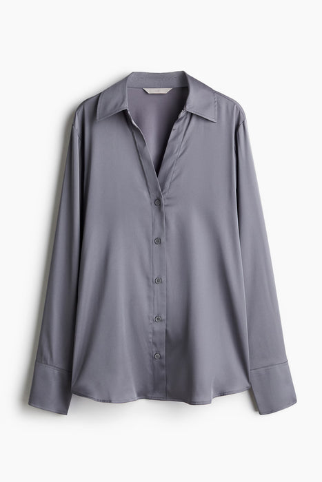 H&M Blusa con cuello en V en tejido brillante, estio camisa