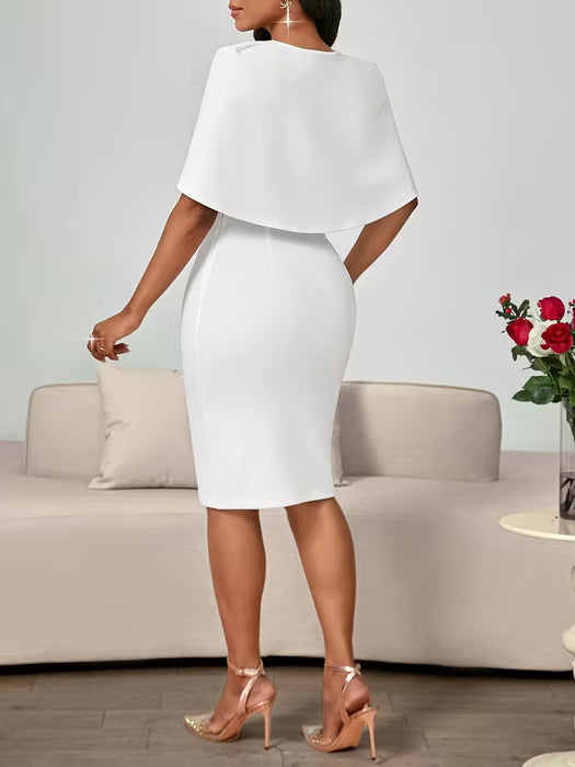 Vestido lápiz elegante de color liso con cuello en V, diseño de cremallera lateral, ajuste entallado