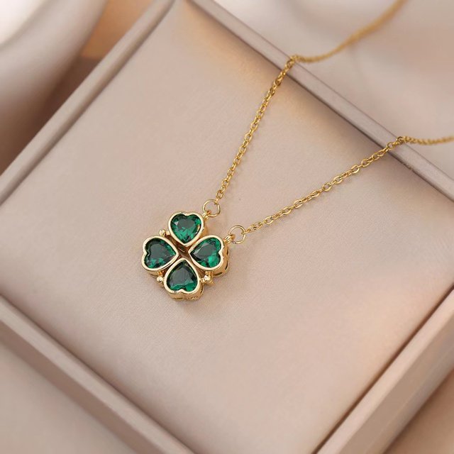 Collar con colgante de trébol de cuatro hojas verde esmeralda: de acero inoxidable