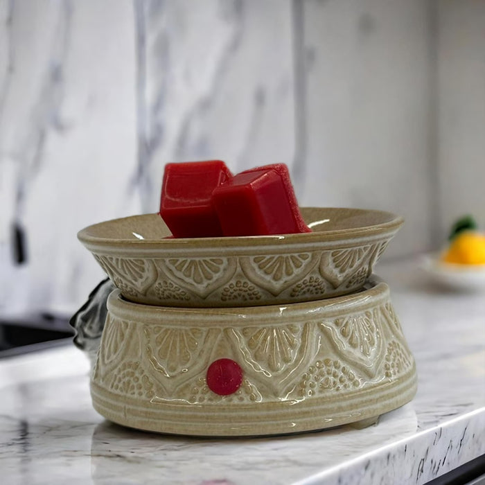 Calentador eléctrico de cera y velas de cerámica - Diseño grabado en crema y blanco