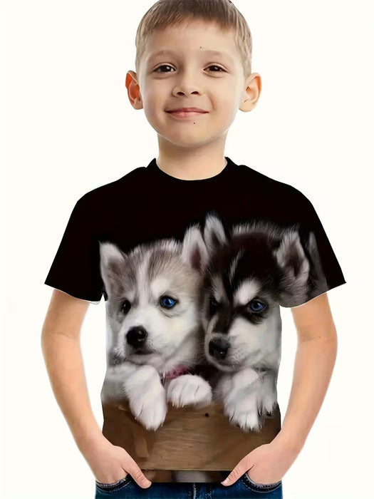 Camiseta de Manga Corta para Niños con Estampado de Cachorro de Husky Siberiano