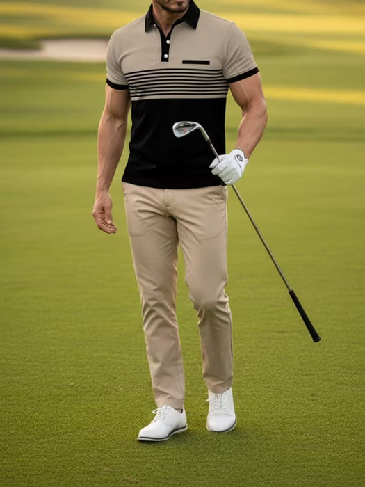 Camiseta de Verano para Hombre Estampado Color Block, Cuello y Mangas con Ribete en Contraste