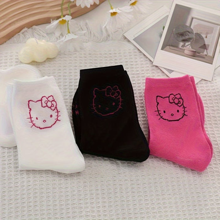 Shein 3 Pares de Calcetines de Mujer de Media Caña con Letras Hello Kitty