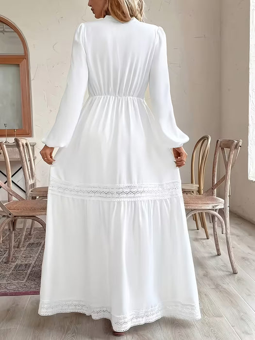 Vestido largo acampanado con encaje y aberturas, manga tipo farol, para mujer